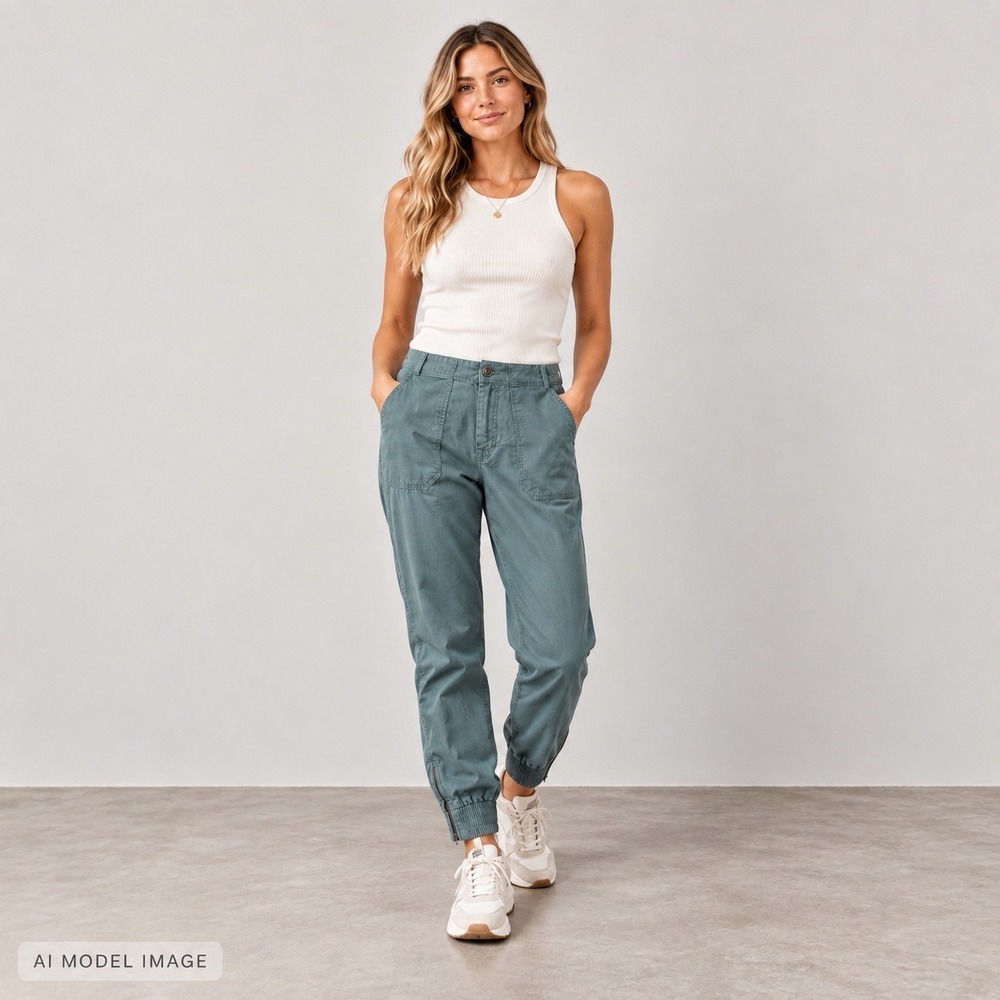 Pact Women's Organic Cotton Utility Jogger Pants Blue Green Size S Ankle Zip